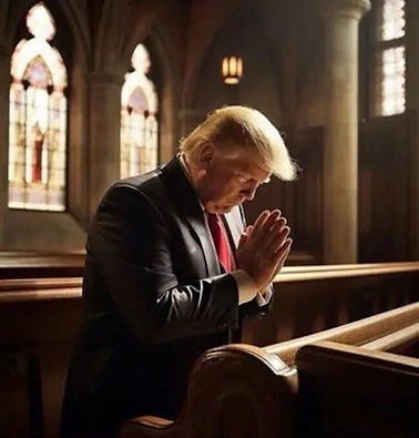 An AI-generated image that President Trump shared of himself, praying in a church. His hands have six fingers.