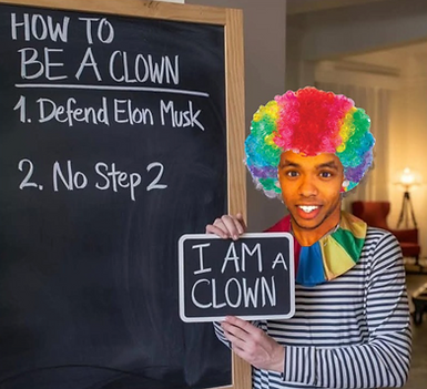 A person in a clown wig, beside a chalkboard that reads, "How to be a clown. 1. Defend Elon Musk. 2. No Step 2." They are holding a smaller chalkboard that reads, "I am a clown."