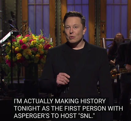 Elon Musk doing the cold open on Saturday Night Live, with the closed caption reading, "I'm actually making history tonight as the first person with Asperger's to host SNL."