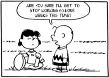 A version of the "football gag" meme from Peanuts, in which Lucy holds the ball for Charlie to kick, and Charlie asks, "Area you sure I'll get to stop working 60-hour weeks this time?"